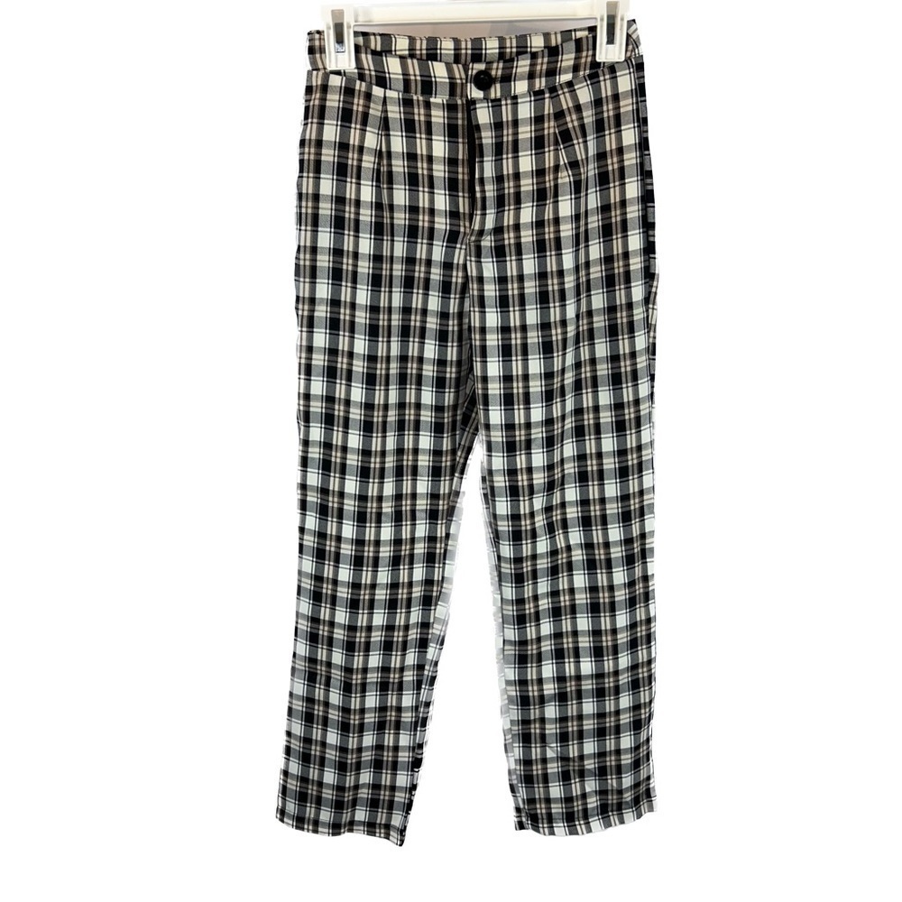 Pants High Rise Plaid Stripes Casual Business Attire Work Ankle Straight Leg